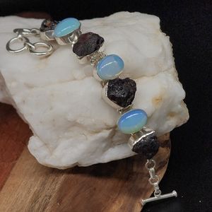 Genuine Stone Raw Garnet Moonstone White Rhodium/925 Silver Bracelet